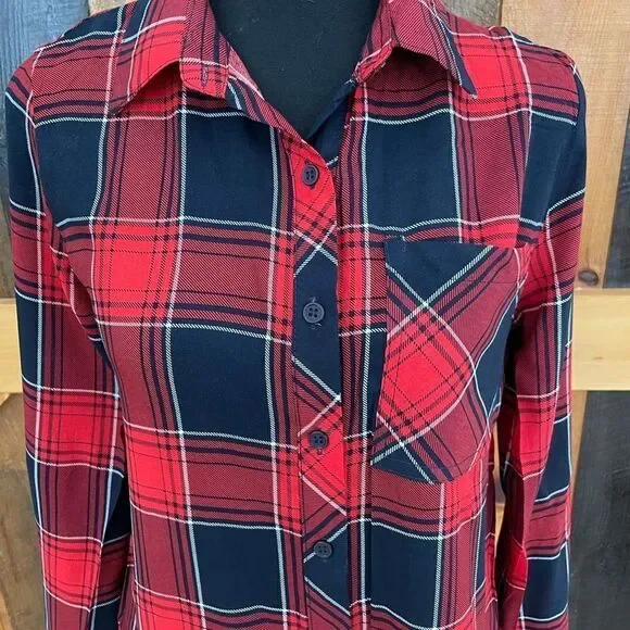 Love Notes red, white and blue plaid shirt with tab sleeves, size S - Picture 2 of 6